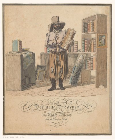 Portrett av bøker av Johann Gottlob Helmert Den nye Diogenes som bokhandler på Leipzig-messen (tittel på objekt) av Christian Gottfried Heinrich Geissler (possibly)