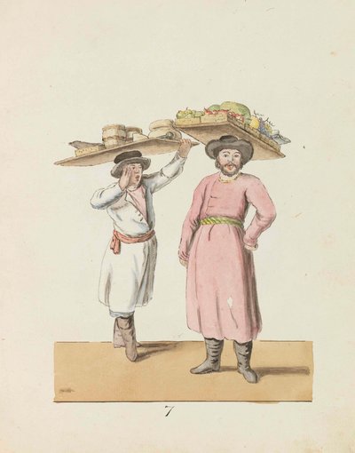 Fruktselger og bonde som selger ost og sild Fra serien St. Petersburg..., 1799. av Christian Gottfried Heinrich Geissler