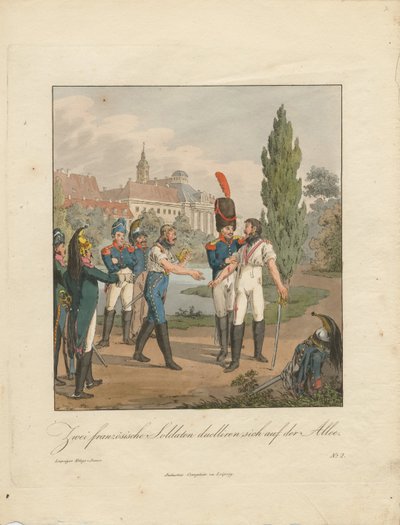To franske soldater kjemper i en duell på en allé av Christian Gottfried Heinrich Geissler