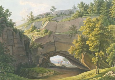 Utsikt over den berømte Kuhstall-hulen i Saksiske Sveits (gravering med wc) av Christian Gottlob Hammer