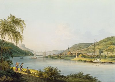 Utsikt over den sørlige delen av Schandau på Elben i Sachsen på grensen til Böhmen (gravering med akvarell) av Christian Gottlob Hammer