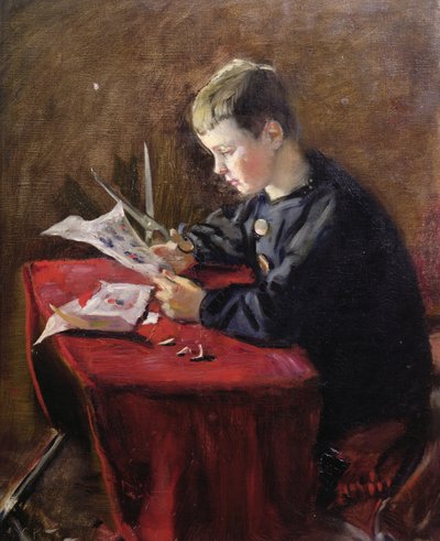 Gutt som skjærer julepynt av Christian Krohg