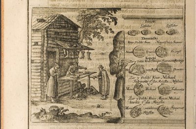 Penger og handel med Muscovy Illustrasjon fra reiser til den store hertugen av Muscovy og kongen av av Christian Lorenzen Rothgiesser