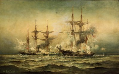 Kearsarge og Alabama utenfor Cherbourg havn i Frankrike, 19. juni 1864, ca. 1870 av Christian Poulsen