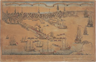 En utsikt over deler av byen Boston i New England og britiske krigsskip lander troppene sine! av Christian Remick