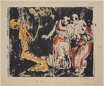 Døden som gjøgler (revolusjon) (Tod als Jongleur [revolusjon]), 1918-19 (fargetresnitt i gult, rødt og svart på kraftig vevd papir) av Christian Rohlfs
