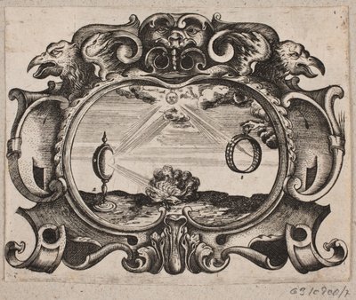 Emblem med sol som stråler gjennom en ring og gjennom et brennende glass for å tenne en brann av Christian Rothgiesser