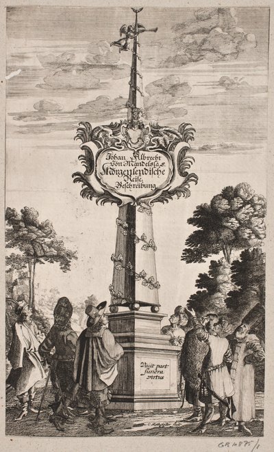 Tittelside til Johann Albrecht Mandelslo, "Orientalsk reisebeskrivelse [...], Schleswig 1668 av Christian Rothgiesser