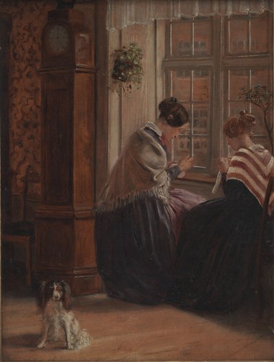 To damer sitter ved et vindu og syr av Christian Rudolph Vogelsang