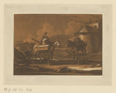 To pakkede hester utenfor bymuren, sittende på den ene et barn Ryttere, hester og kamper (serietittel) av Christian Rugendas