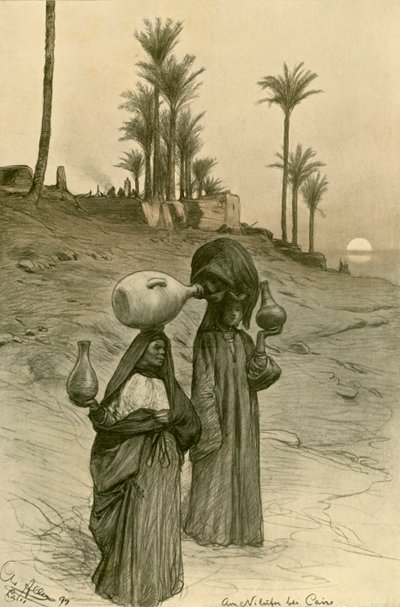 Kvinner som bærer vannpotter på bredden av Nilen, Kairo, Egypt, 1898. av Christian Wilhelm Allers