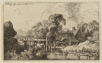 En mølle med en høy vannrenne av Christian Wilhelm Ernst Dietrich