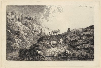 En dyreflokk ved elven [Okser drevet til vanningsstedet] av Christian Wilhelm Ernst Dietrich