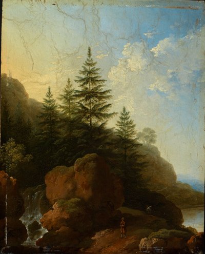 Steinete fjellandskap med foss av Christian Wilhelm Ernst Dietrich