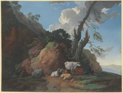 Steinete landskap med en gjeter, to kyr, to sauer og en geit av Christian Wilhelm Ernst Dietrich