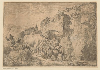 Hyrde med flokk ved en ruin av Christian Wilhelm Ernst Dietrich