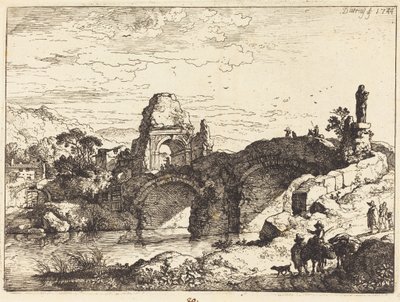 Landskap med en bro og et forfallen tårn av Christian Wilhelm Ernst Dietrich