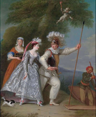 Portrett av en elegant herremann som Pierrot i en Commedia dell#39;Arte-tolkning av Helenas voldtekt av Christian Wilhelm Ernst Dietrich
