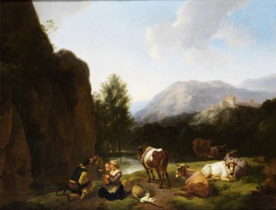 Hvilende familie ved siden av kyr ved en elv av Christian Wilhelm Ernst Dietrich