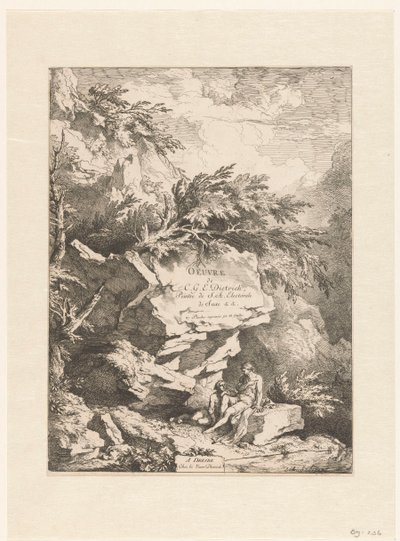 Berglandskap med to figurer hvilende på en stein Oeuvre av C. G. E. Dietrich (serietittel) Oeuvre de C. G. E. Dietrich, Peintre de S. A. Electorale de Saxe (...) (serietittel på objekt) av Christian Wilhelm Ernst Dietrich