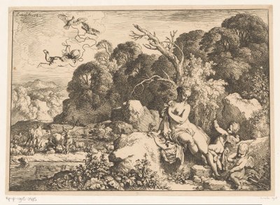 Venus sitter på en stein, akkompagnert av tre putti av Christian Wilhelm Ernst Dietrich