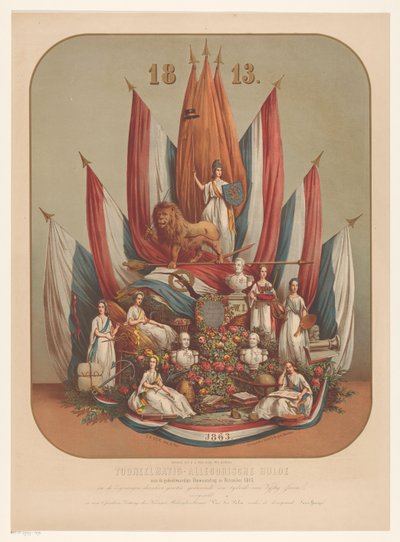 Allegorisk representasjon av den betydningsfulle revolusjonen i november 1813 Teatralsk-allegorisk hyllest til den minneverdige revolusjonen i november 1813 (...) (tittel på objekt) av Christianus Hendricus Hein