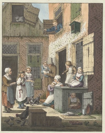 Gruppe mennesker foran et hus av Christina Chalon