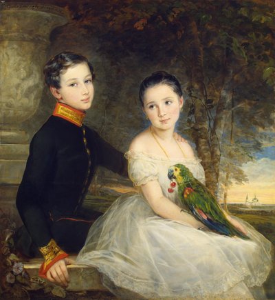 Barn med papegøye par Robertson, Christina (1796-1854) av Christina Robertson