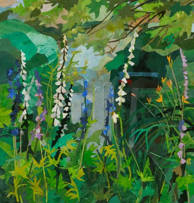 Cornerways Foxgloves, 2025 (akvarellmalt papirkollasje) av Christine McKechnie