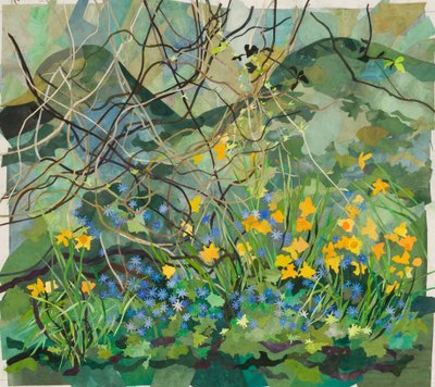 Påskeliljer og blå anemonier i Cornerways Garden, 2013 (akvarellmalt papirkollasje) av Christine McKechnie