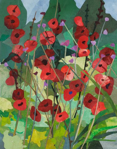 Cornerways-stokkroser, 2025 (akvarellmalt papirkollasje) av Christine McKechnie