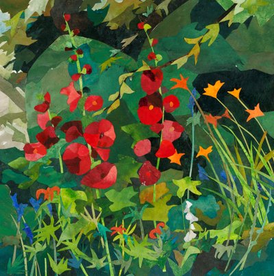 Hjørnehage med stokkroser, 2025 (akvarellmalt papirkollasje) av Christine McKechnie