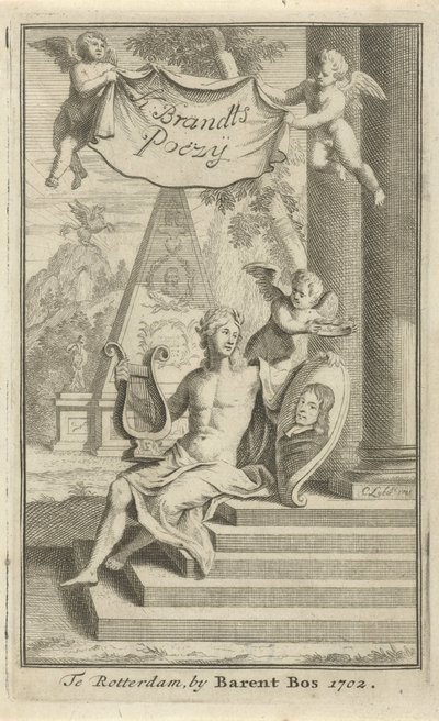 Apollo med portrett av Caspar Brandt Tittelside for: K. Brandt, Poëzy, 1705 av Christoffel Lubienitzki