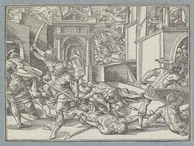 Kjempende soldater i en by Slaget i Jerusalem av Christoffel van Sichem (I)