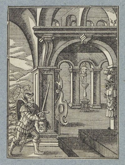 Sauls hode bringes inn i filistrenes tempel av Christoffel van Sichem (II)