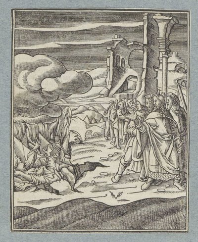 Korah, Datan og Abiram og deres familier blir slukt av jorden av Christoffel van Sichem (II)