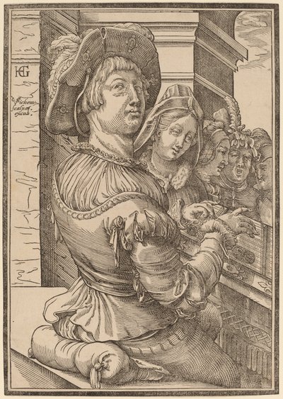En ung mann som spiller et psalterium av Christoffel van Sichem I after Hendrik Goltzius