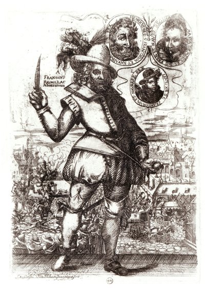 Portrett av Francois Ravaillac, morderen på Henrik IV (1553–1610) (gravering) (s/h-foto) av Christoffel van the Elder Sichem