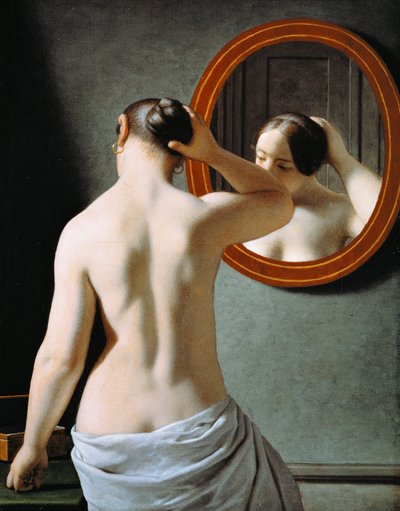 En naken kvinne gjør håret sitt foran et speil av Christoffer Wilhelm Eckersberg
