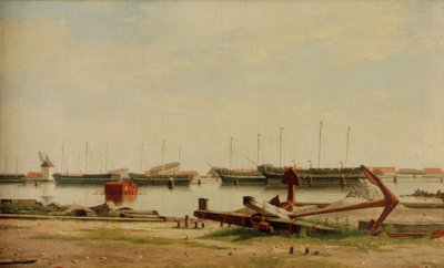 Utsikt over Nyholm med kran og krigsskip av Christoffer Wilhelm Eckersberg