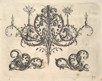 En fantastisk lysekrone med brennende stearinlys og arabesker, noen ender på fantastisk hest..., 1610. av Christoph Jamnitzer