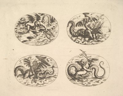 Putti med sjømonstre, tallerkener fra Neue Grotessken Buch, 1610. av Christoph Jamnitzer