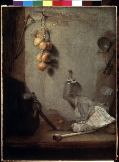 ""Still life"" (Still life) Løk, kjøkkenbord og glasskrukke"" Maleri av Christopher Paudiss (1630-1666) 1660 Mål 62x46,5 cm Eremitagemuseet, St. Petersburg av Christoph Paudiss