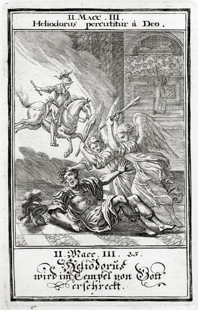 Gud skremmer Heliodorus i et tempel, 2 Makkabeer (3:21-28), 1695 av Christoph Weigel
