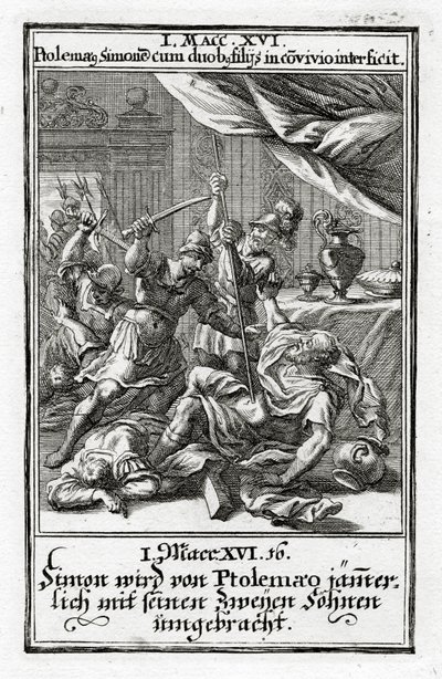 Simon og hans to sønner blir drept av Ptolemaios.1 Makkabeerne 14:16, 1695 av Christoph Weigel