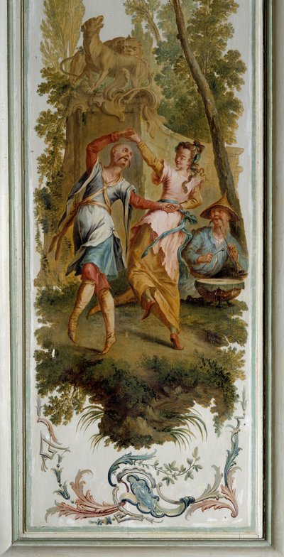 Chinoiserie: Dansescene, panel av den store salongen til chateau de Champs sur Marne realisert av Christophe Huet (1700-1759) av Christophe Huet