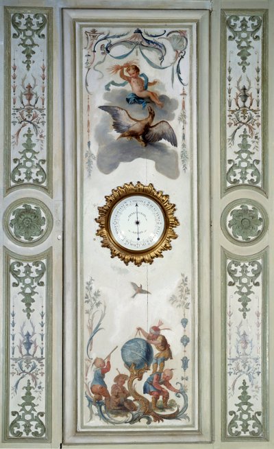 Panel av den store stuen på Chateau de Champs sur Marne med barometer og kinoserie. Veggdekor malt av Christophe Huet (1700-1759) av Christophe Huet
