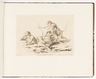 Plate 7, Le Lavement Donné (The Enema Given), Monkey Antics eller Different Actions of Human Life represented by Monkeys av Christophe Huet