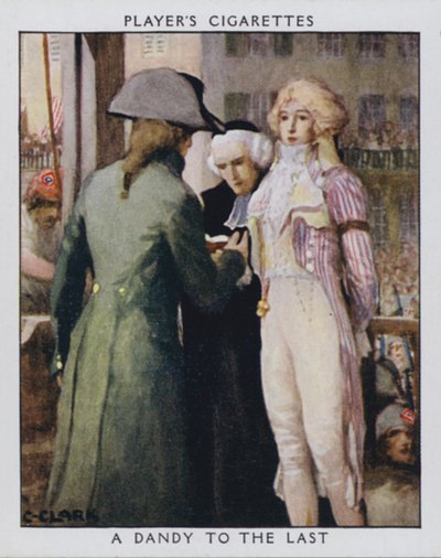 A Dandy to the Last, som Samson, bøddelen, spør om han kan fjerne aristokratens cravat (farge litho) av Christopher (after) Clark