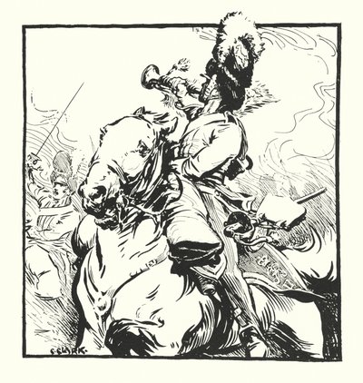Bugler of the Scots Greys, tegner for en annonse for Major Drapkin & Co